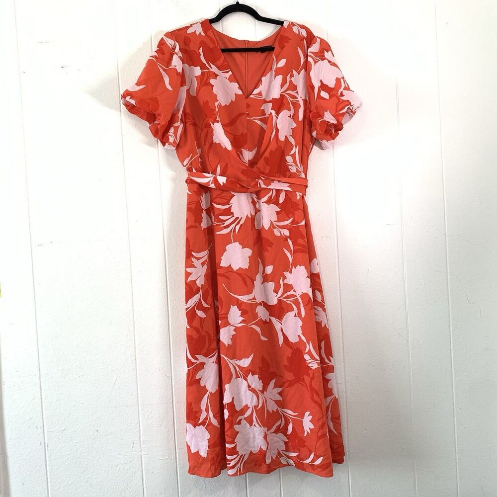 Lane Bryant Womens 22 Dress V Neck Puff Sleeves Poppy Red Floral Flowy